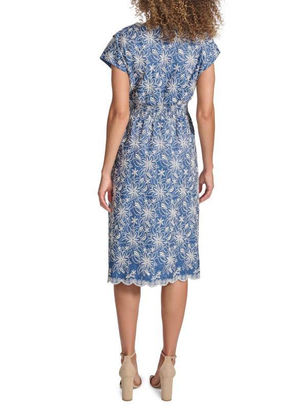 Kensie Kensie Faux-Wrap Embroidered Chambray Midi-Dress