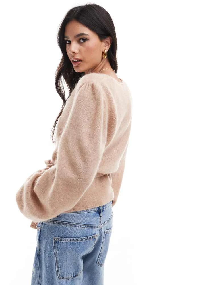 & Other Stories & Other Stories mohair blend hairy yarn wrap cardigan with puff sleeves in beige 4