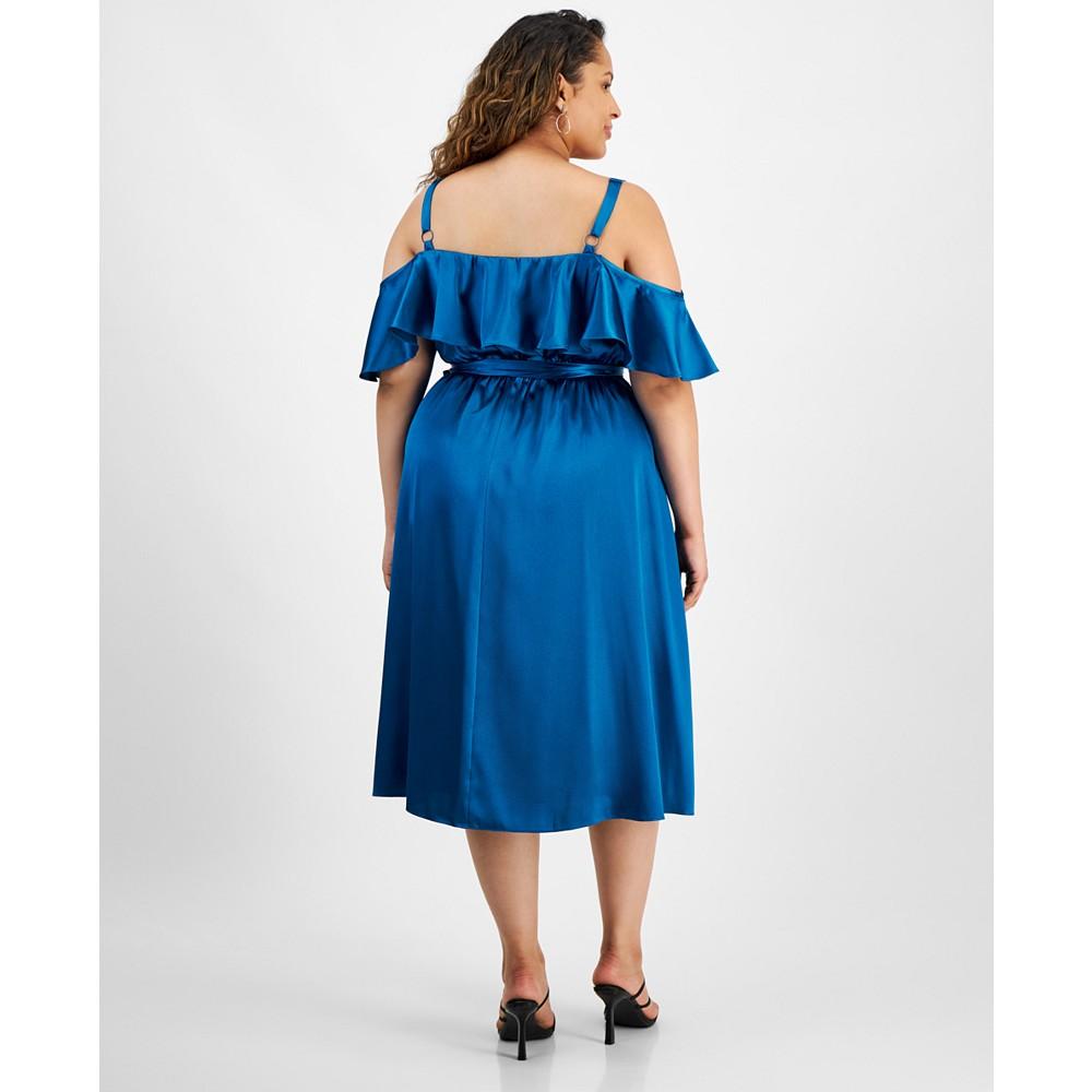 City Studios Plus Size Ruffled Square-Neck Cold-Shoulder Midi Dress