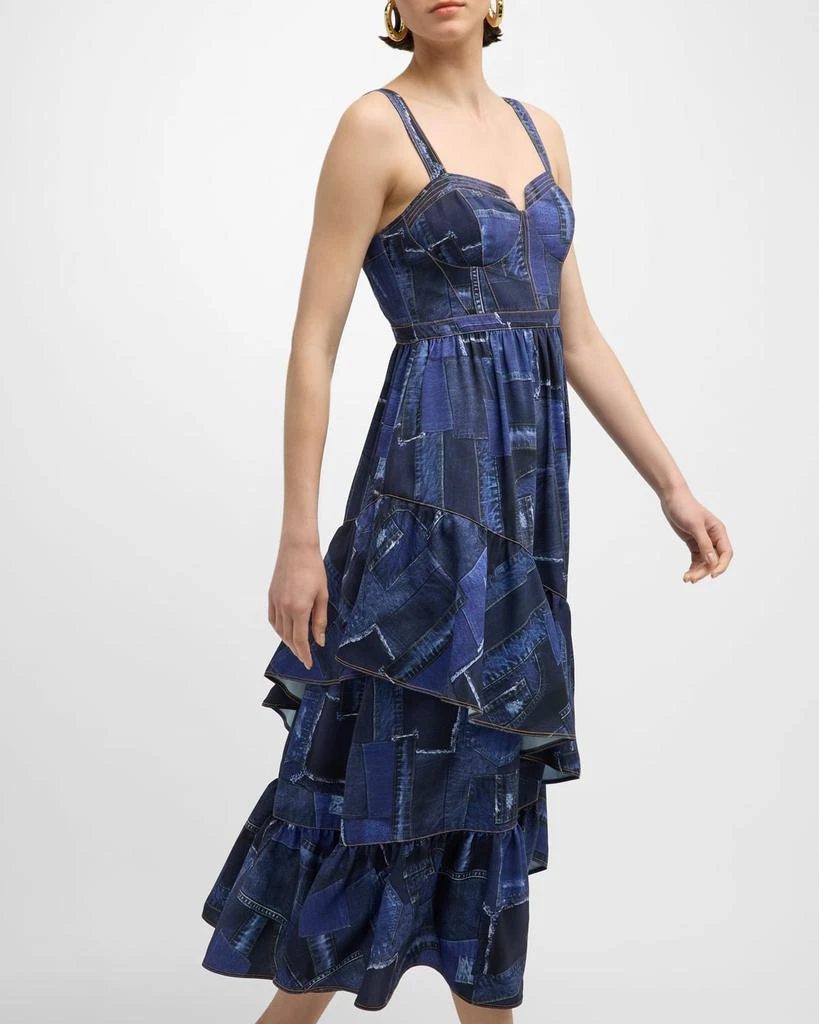 Cinq a Sept Jordyn Patchwork Denim Tiered Ruffle Bustier Midi Dress 8