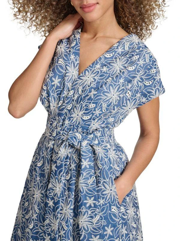 Kensie Kensie Faux-Wrap Embroidered Chambray Midi-Dress 5