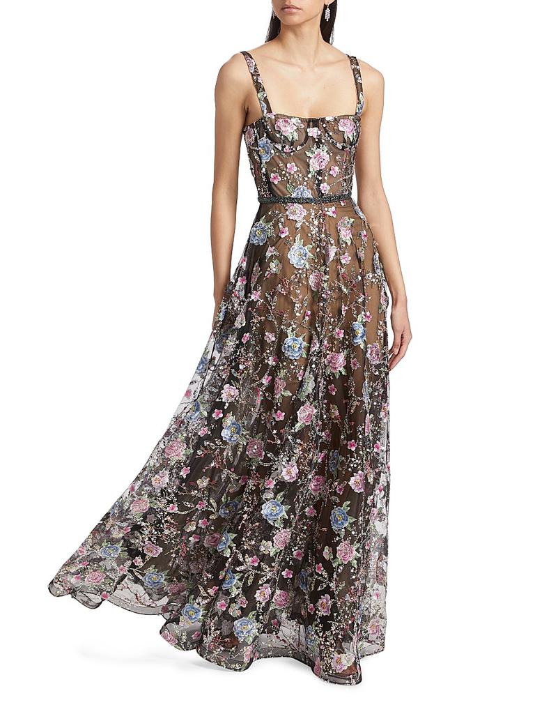 BRONX AND BANCO Midnight Floral Embroidered A-Line Gown