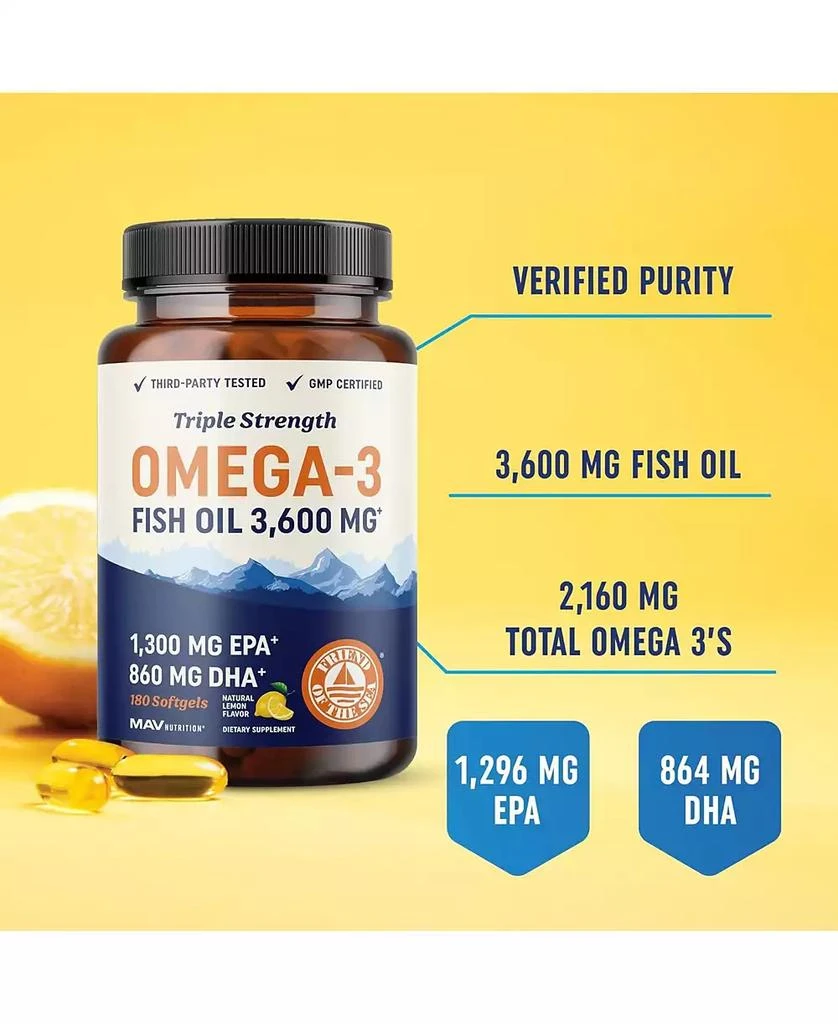 MAV Nutrition Triple Strength Omega 3 Fish Oil Softgels, Essential Fatty Acids for Healthy Heart Support, Premium Burpless Softgel Supplements, 180ct 2