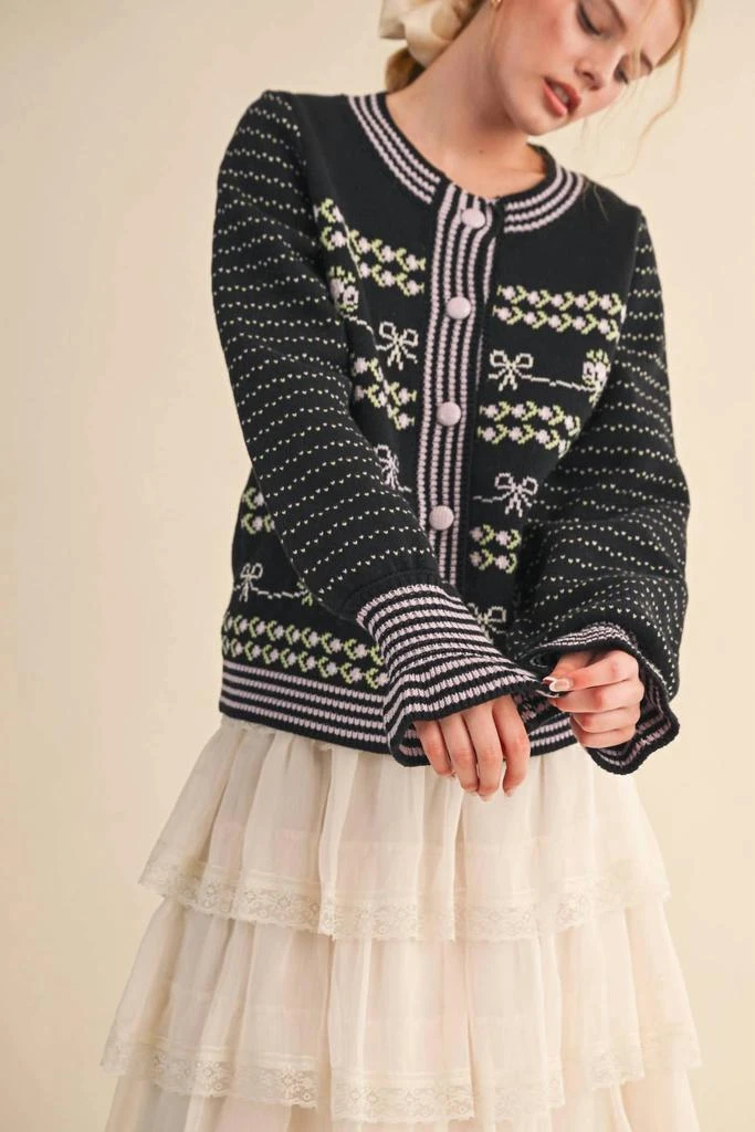&merci &Merci - Floral Ruffle Sleeve Sweater Cardigan