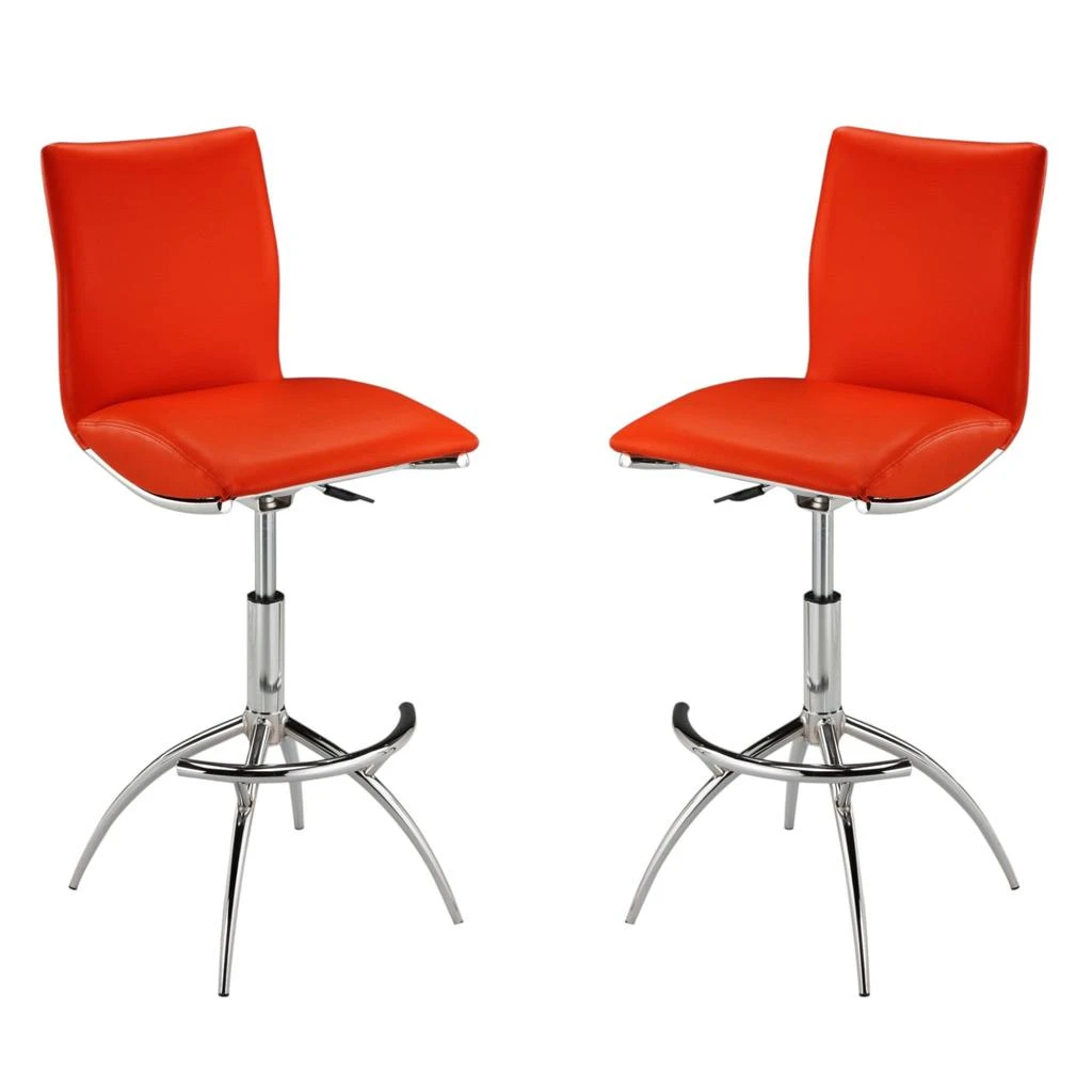 Hivvago Set of Two Red and Silver Faux Leather and Metal Low Back Adjustable Height Bar Chairs 2