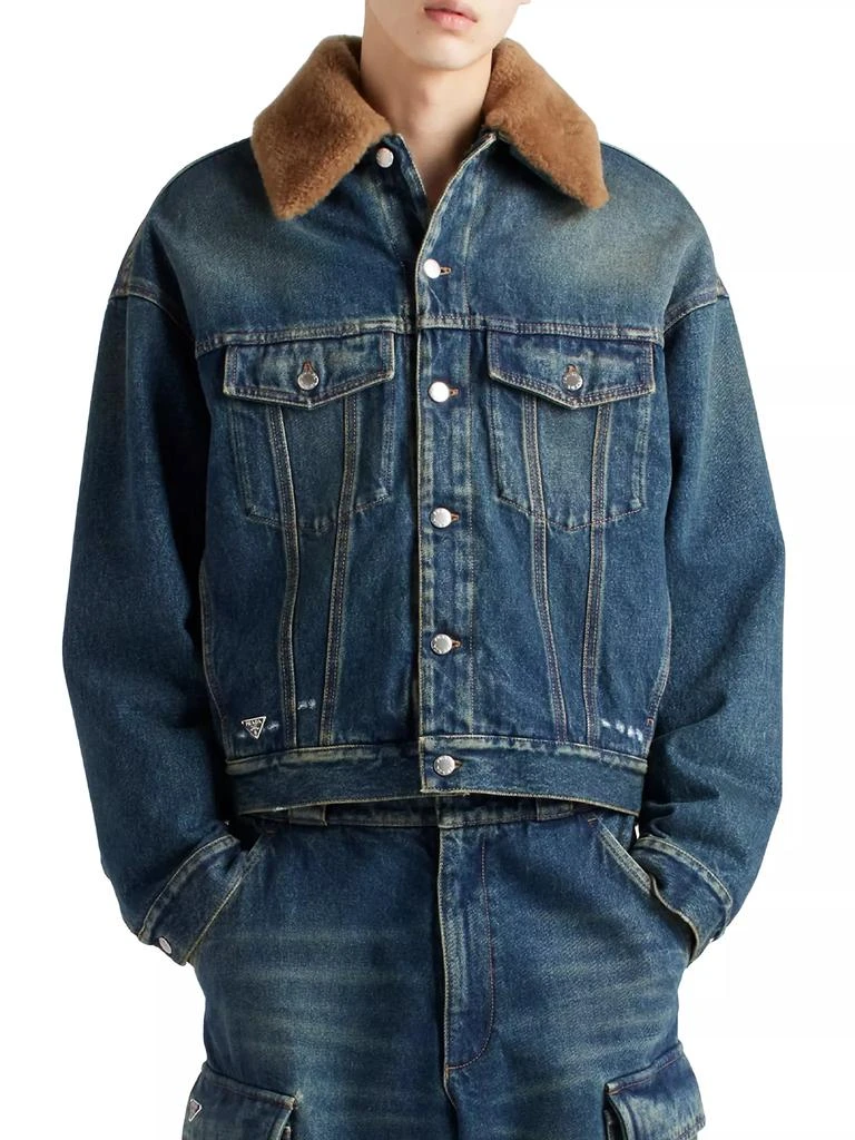Prada Padded Denim Blouson Jacket with Shearling Collar 2