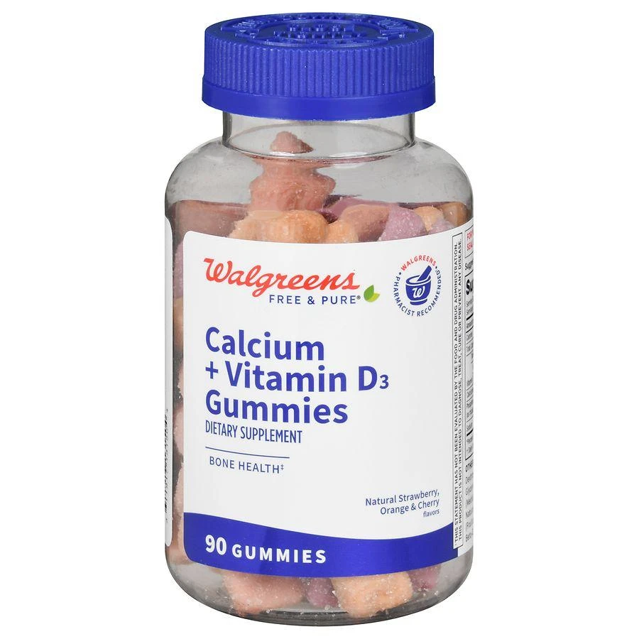 Walgreens Free & Pure Calcium + Vitamin D3 Gummies Natural Strawberry, Orange & Cherry 1