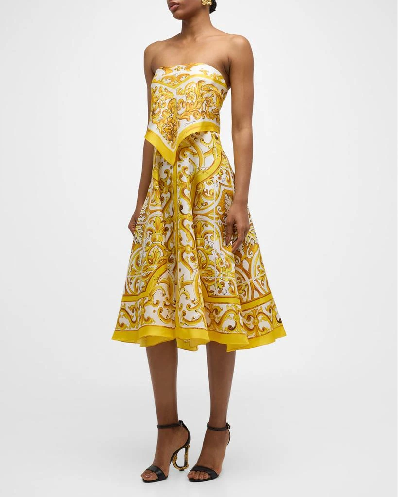 Dolce & Gabbana Maiolica-Print Silk Twill Strapless Scarf Midi Dress 2