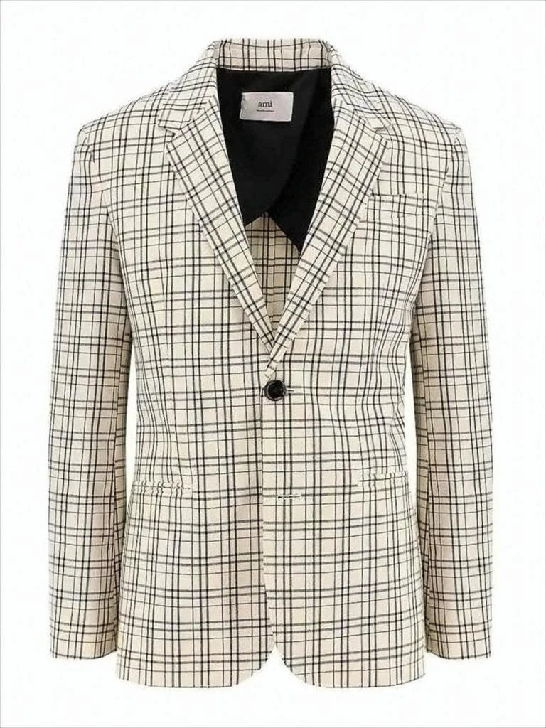 AMI Checkered Wool Suit Jacket with Notched Lapels