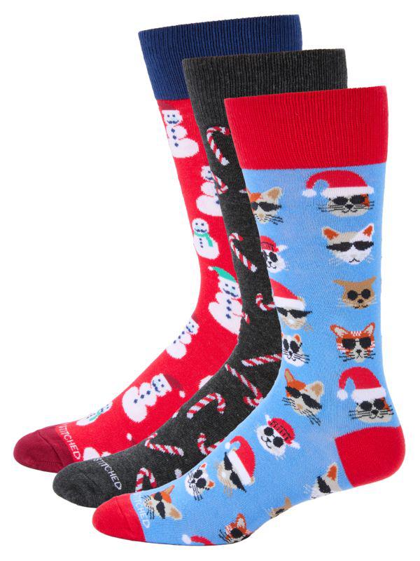 Unsimply Stitched 3-Pack Cats, Candy Canes, & Snowmen Crew Socks