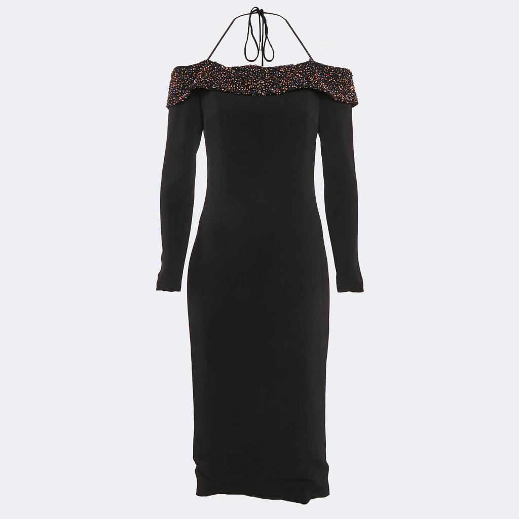 CUSHNIE Cushnie et Ochs Black Embellished Crepe Off-Shoulder Midi Dress M