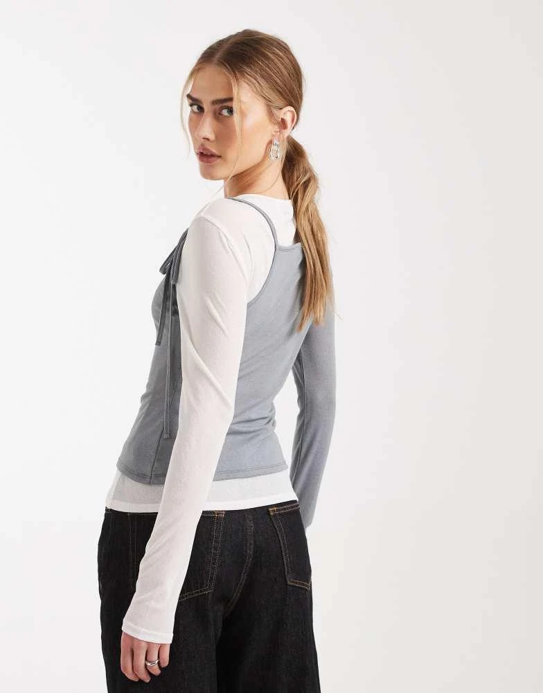 ASOS ASOS DESIGN ribbed long sleeve double layer top with tie details in cream and grey 4