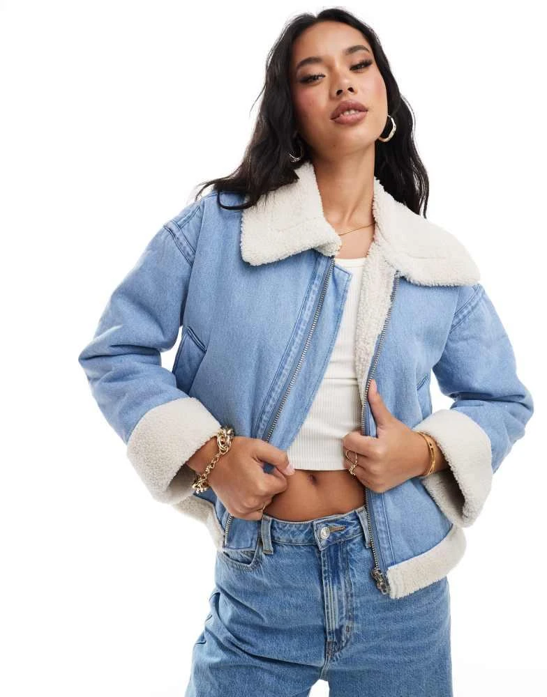 In The Style In The Style cropped denim borg trim jacket in blue 1