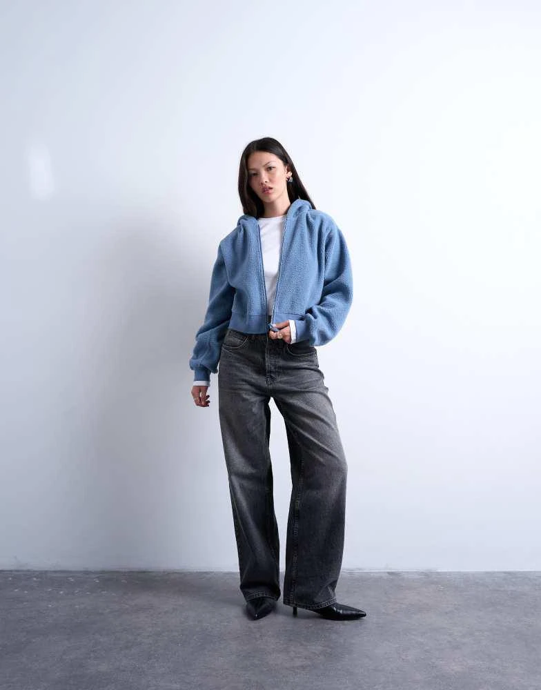 Topshop Topshop borg zip through hoodie in blue 2