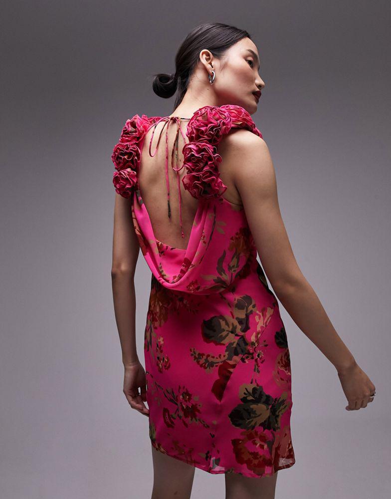 Topshop Topshop cowl neck slip mini dress with 3D ruffle sleeve in pink floral print