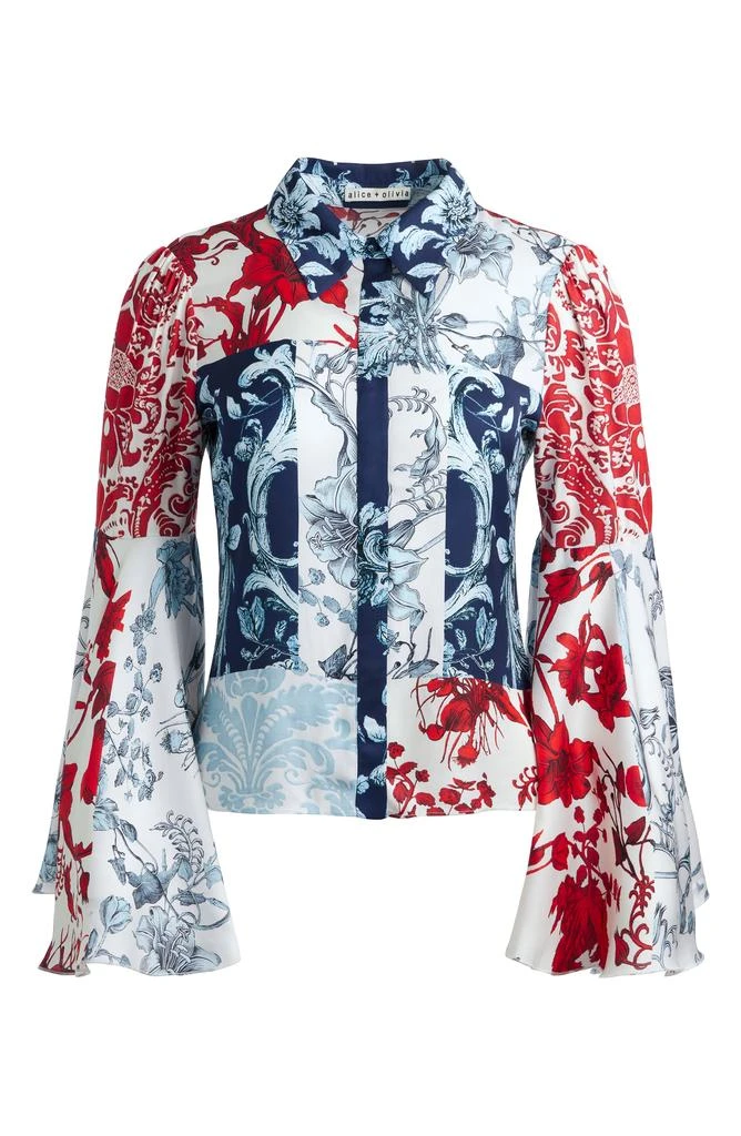 Alice + Olivia Willa Mixed Floral Bell Sleeve Satin Top 4