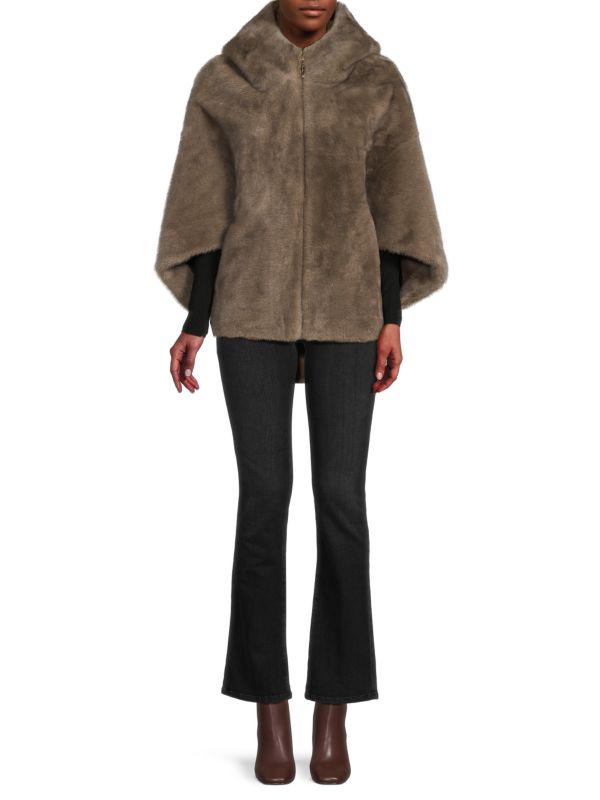 BELLE FARE Reversible Faux-Mink Hooded Cape Jacket