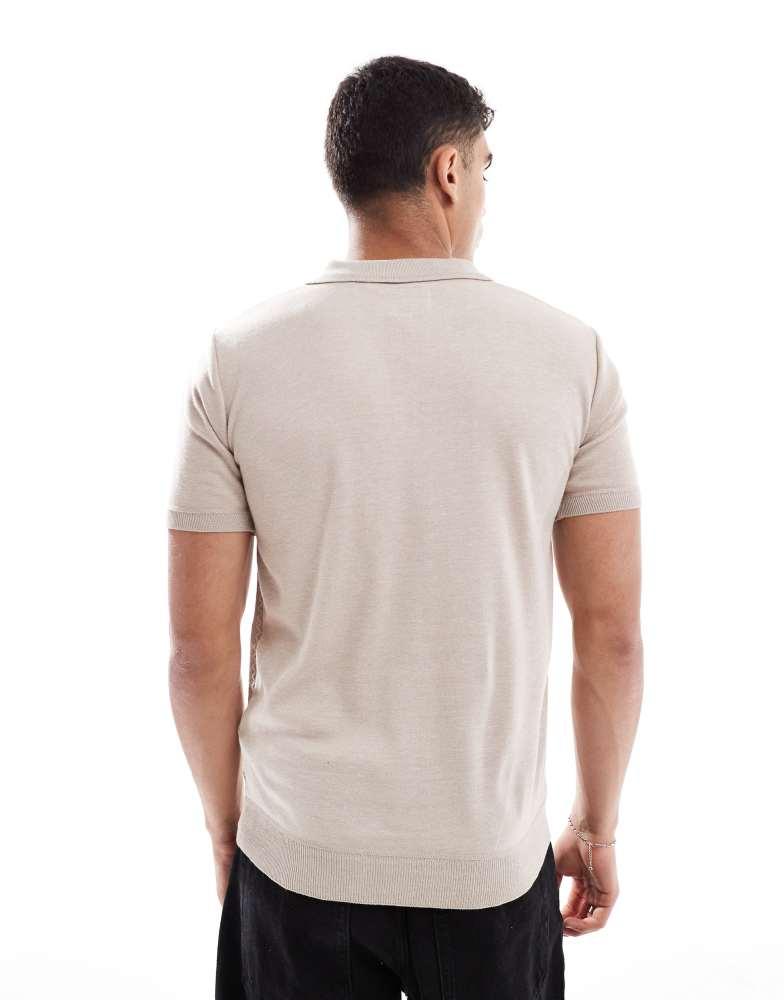 Brave Soul Brave Soul Textured zip neck knitted polo in stone