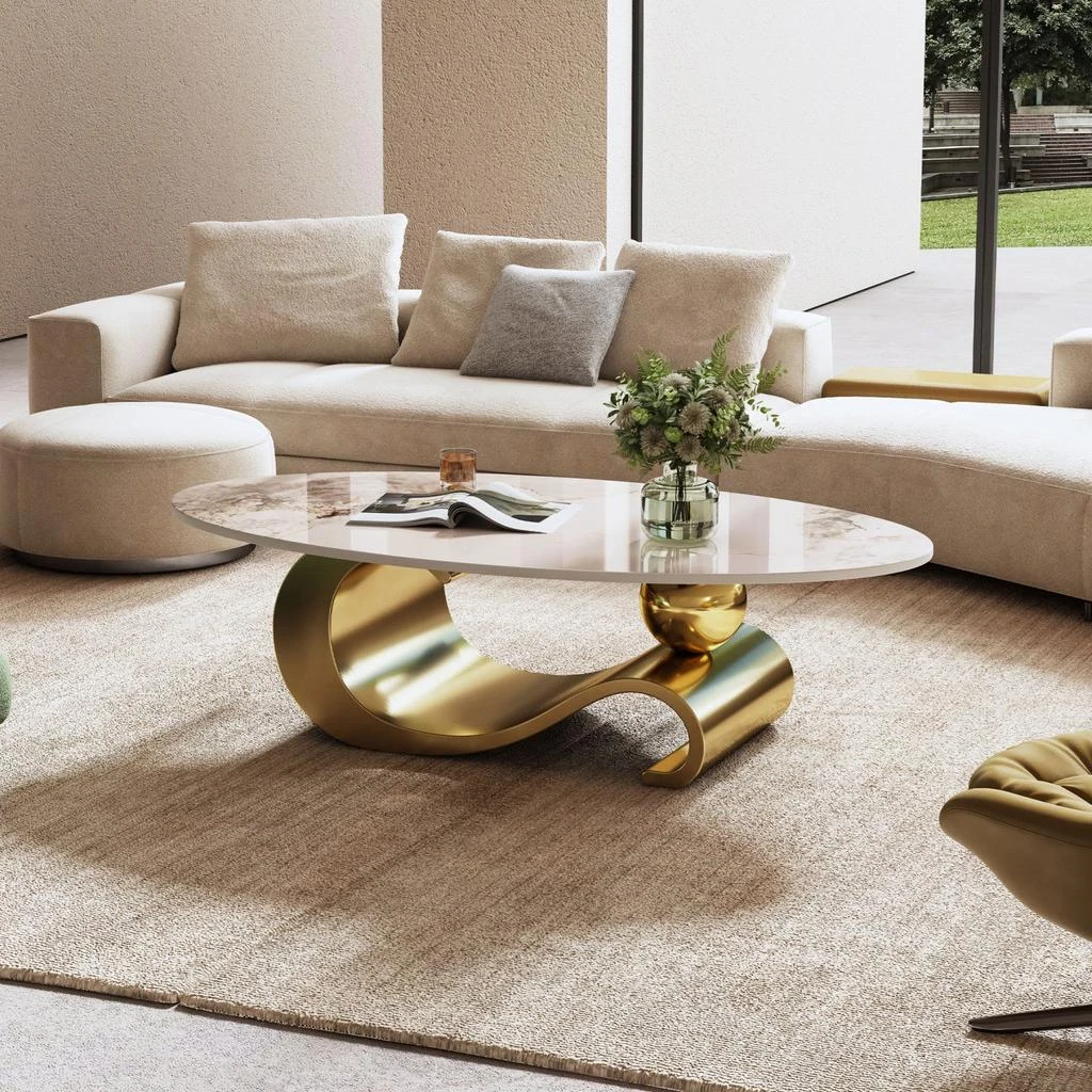 Streamdale Furniture Streamdale 49" Faux Marble Oval Coffee Table, Gold Base 2