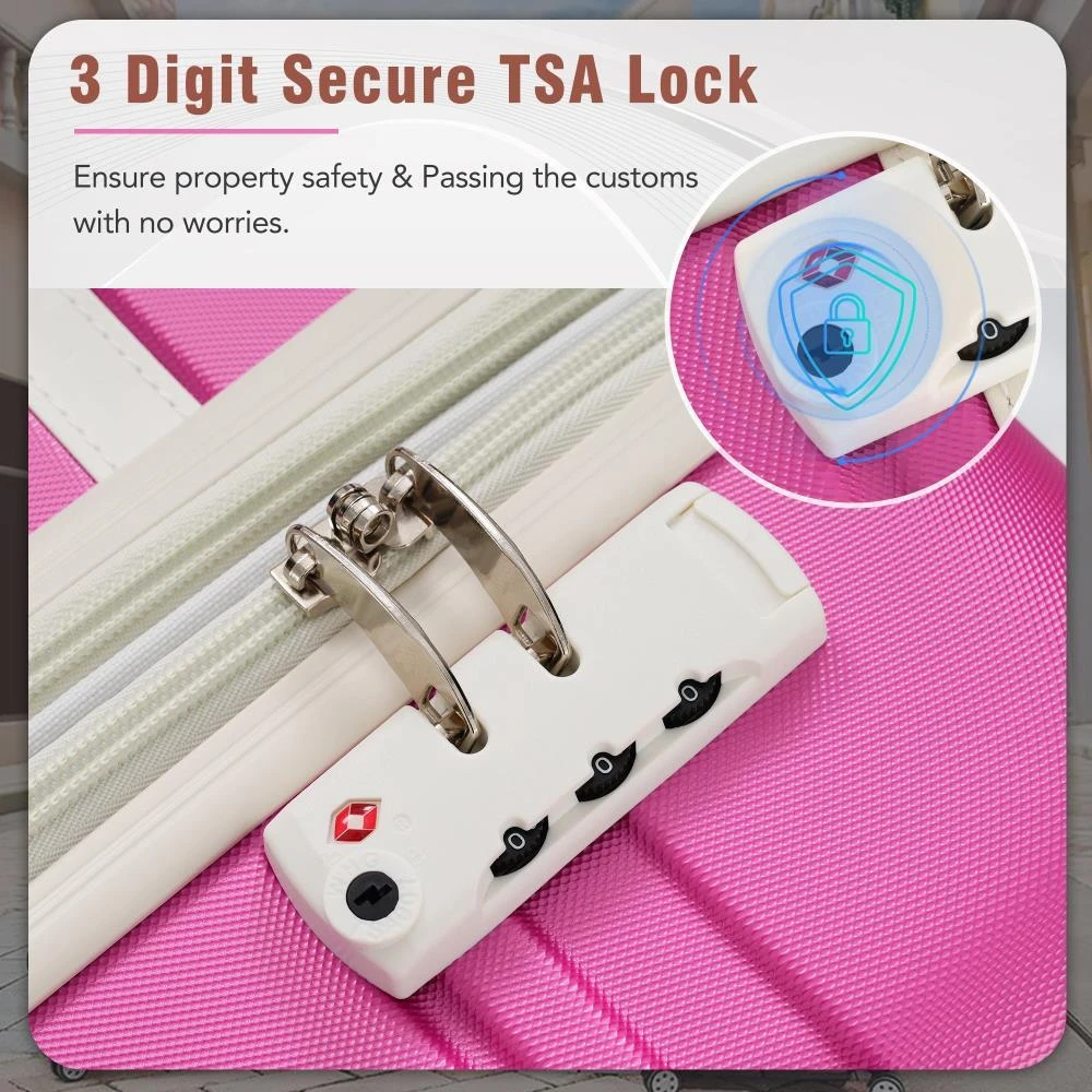 BreeBe Hardshell Luggage Sets 3 Pieces with TSA Lock in Pink, Lightweight ABS, Includes 20' and 24' Suitcases and Cosmetic Case 5