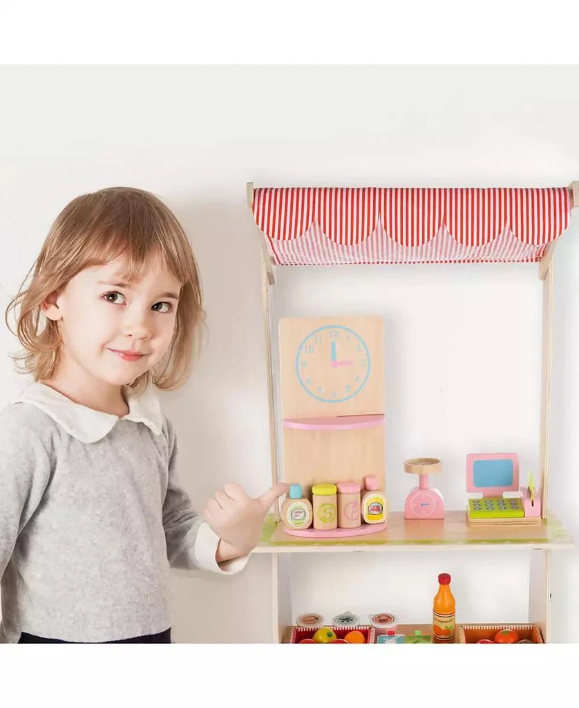 Trademark Global Hey Play Kids Fresh Market Selling Stand - Wooden Grocery Store Playset With Toy Cash Register, Scale, Pretend Credit Card And Food Accessories 6