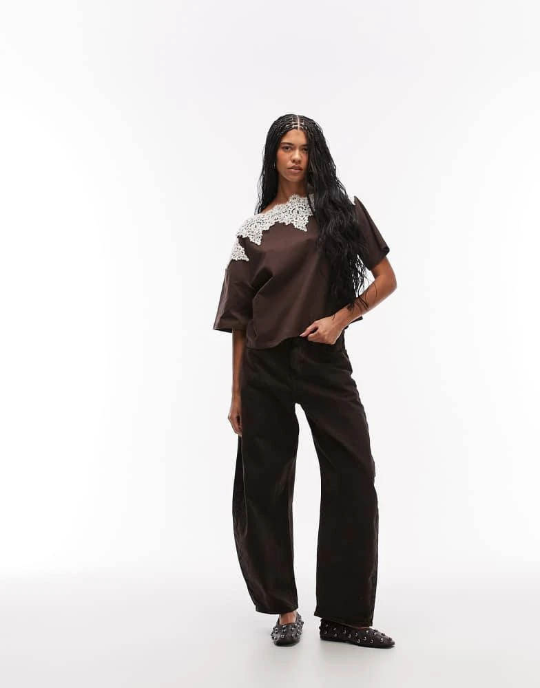 ASOS ASOS DESIGN short sleeve lace trim top in chocolate 2