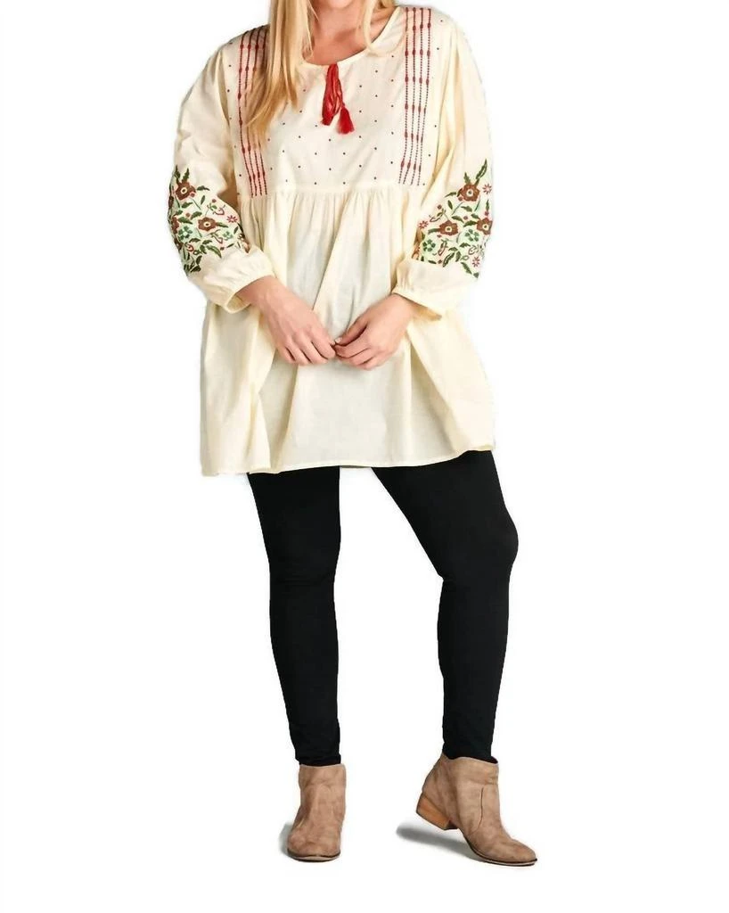 Velzera Floral Embroidered Peasant Dress In Cream 4