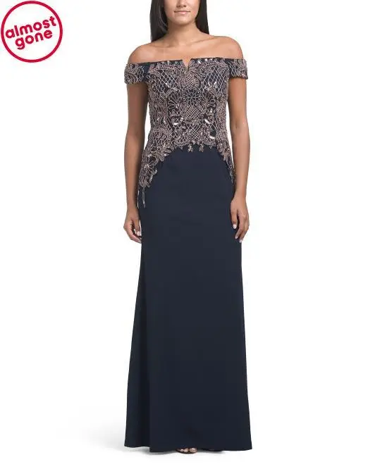 Adrianna Papell Off The Shoulder Embellished Gown