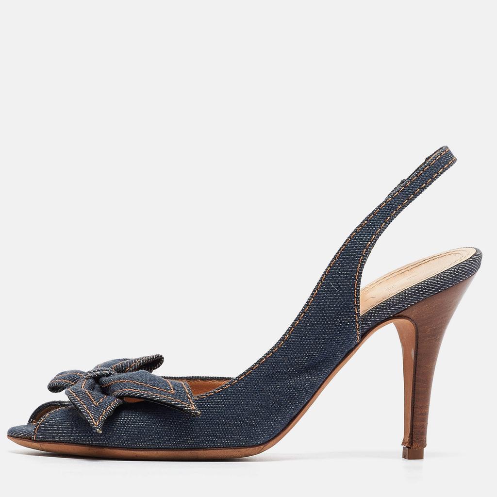 Celine Celine Navy Blue Denim Bow D'orsay Slingback Sandals Size 38