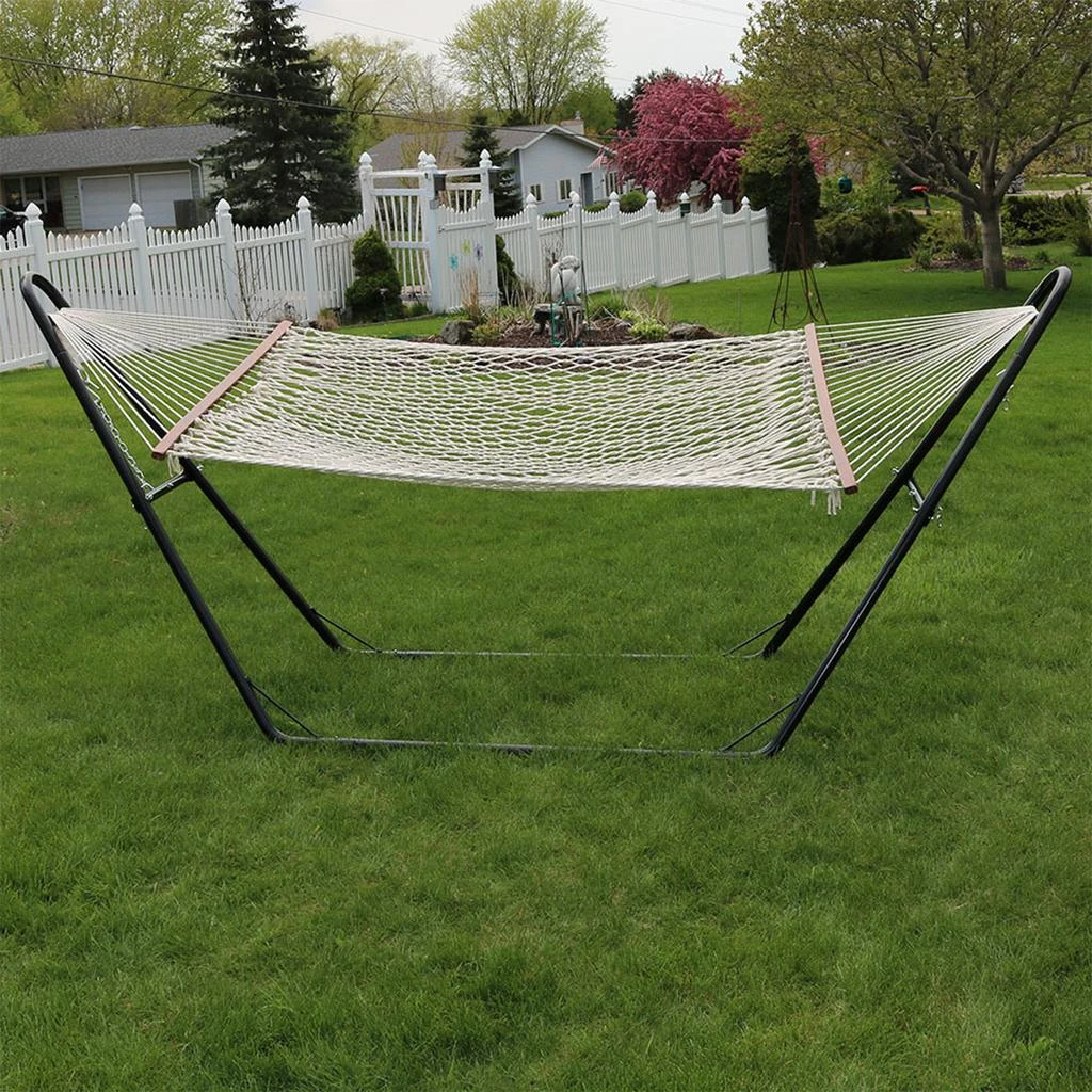 Sunnydaze Cotton Double Wide 2-Person Rope Hammock with Spreader Bars and Multi-Use Steel Stand - 450 lb Weight Capacity - White 4