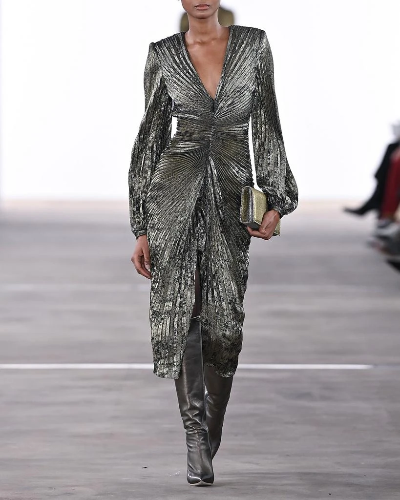 Badgley Mischka Pleated Metallic Blouson-Sleeve Midi Dress 4