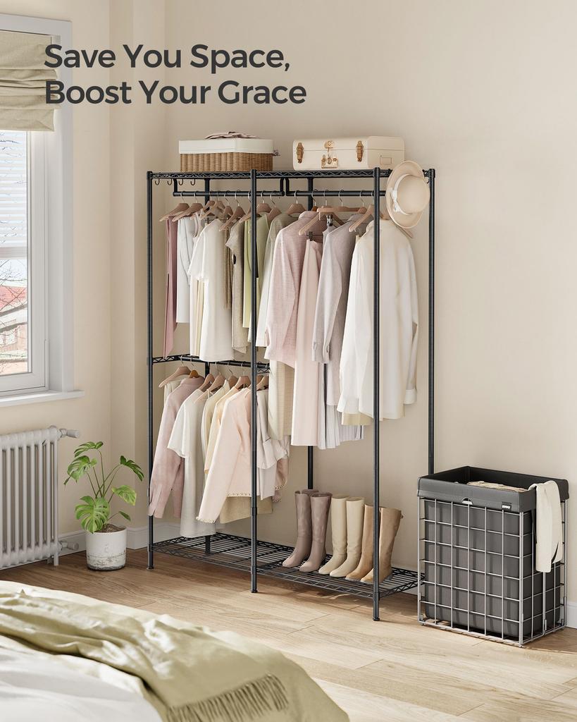 BreeBe 47.2" Wide Clothing Rack with Adjustable Shelves and Hanging Rails Ink Black