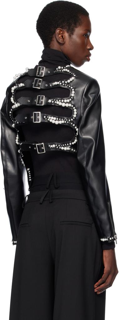 Noir Kei Ninomiya Black Faux-Pearl Embellished Faux-Leather Jacket