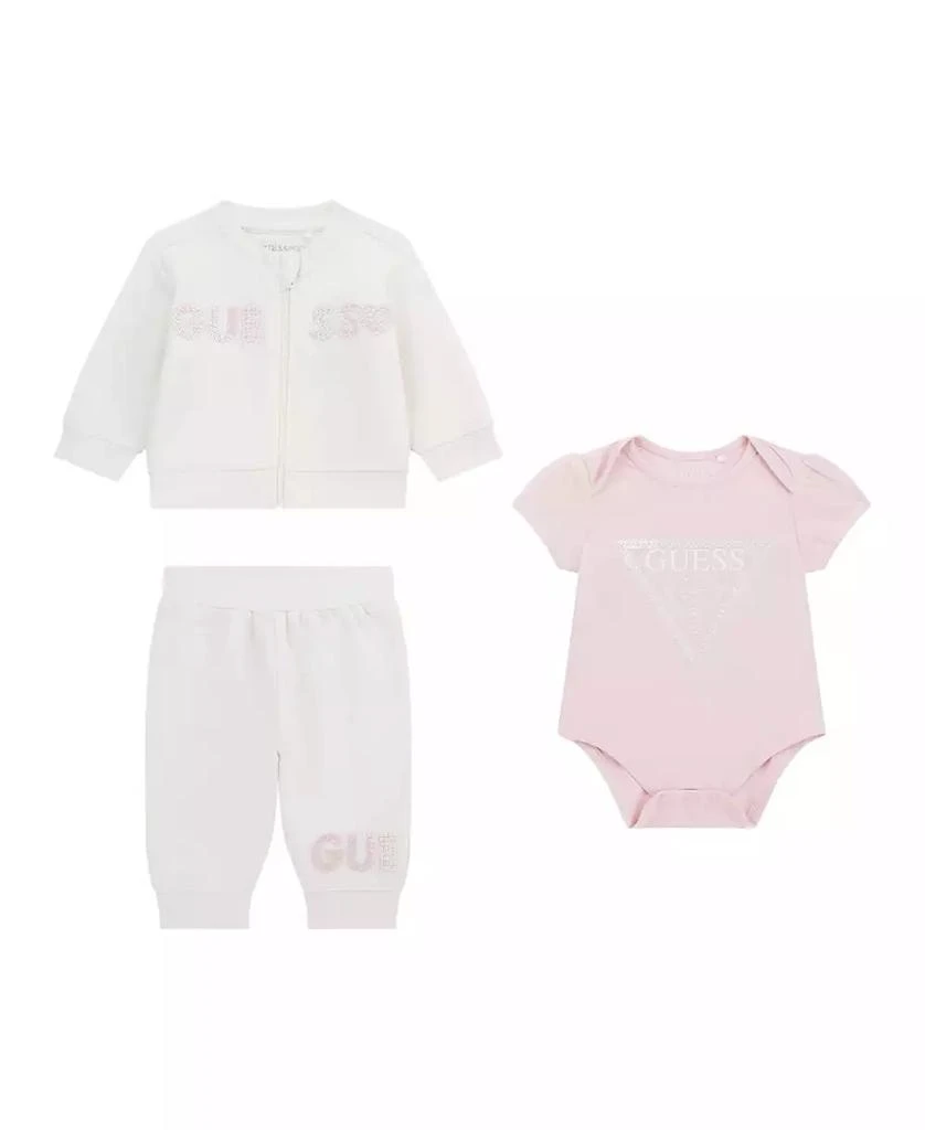 GUESS Baby Girl Short Sleeve Bodysuit, Active Zip-Up Sweatshirt, and Pant, 3-Piece Set 2