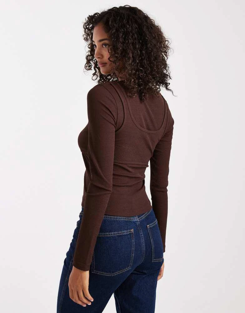 ASOS ASOS DESIGN textured mesh cami layered long sleeve top in chocolate 4