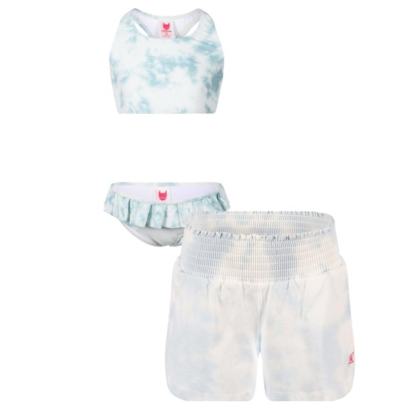 Munster Tie dye ruffled bikini and shorts set in blue and white
