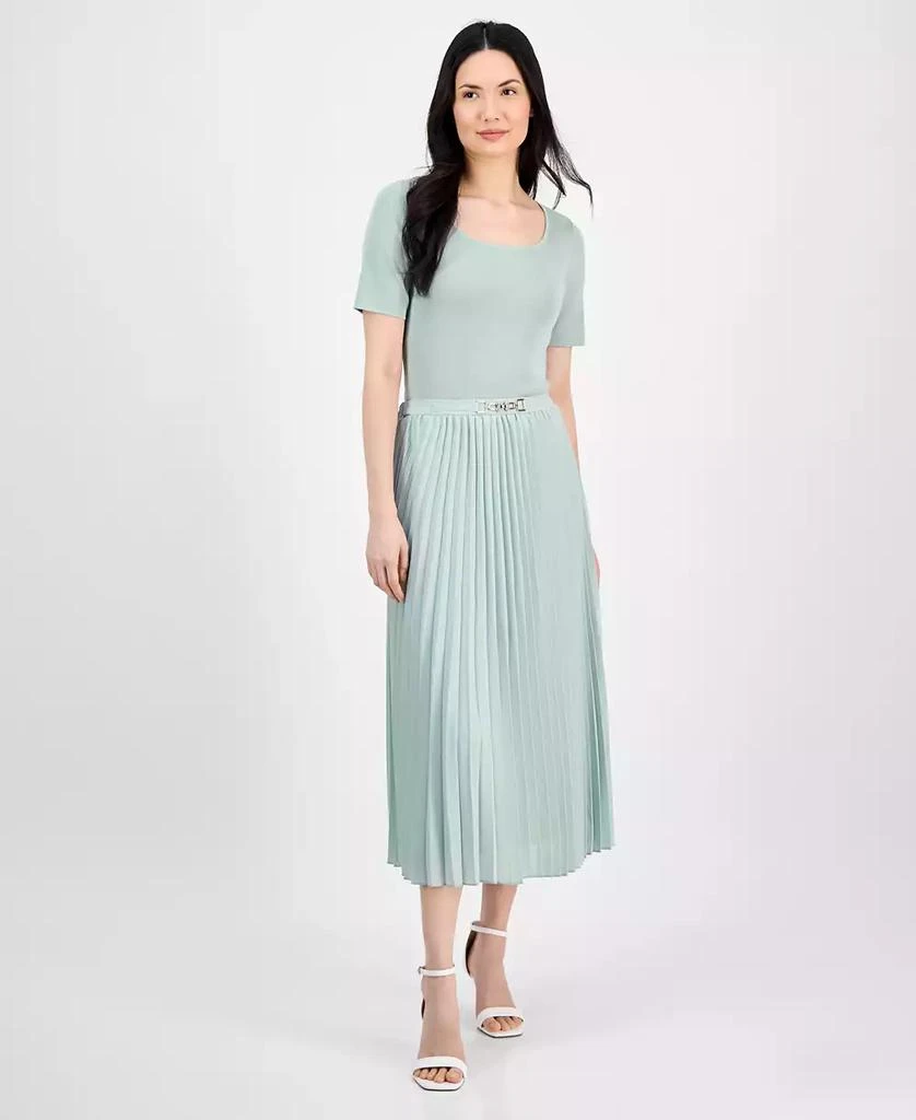 Anne Klein Women's Pleated Pull-On Belted Midi Skirt 1