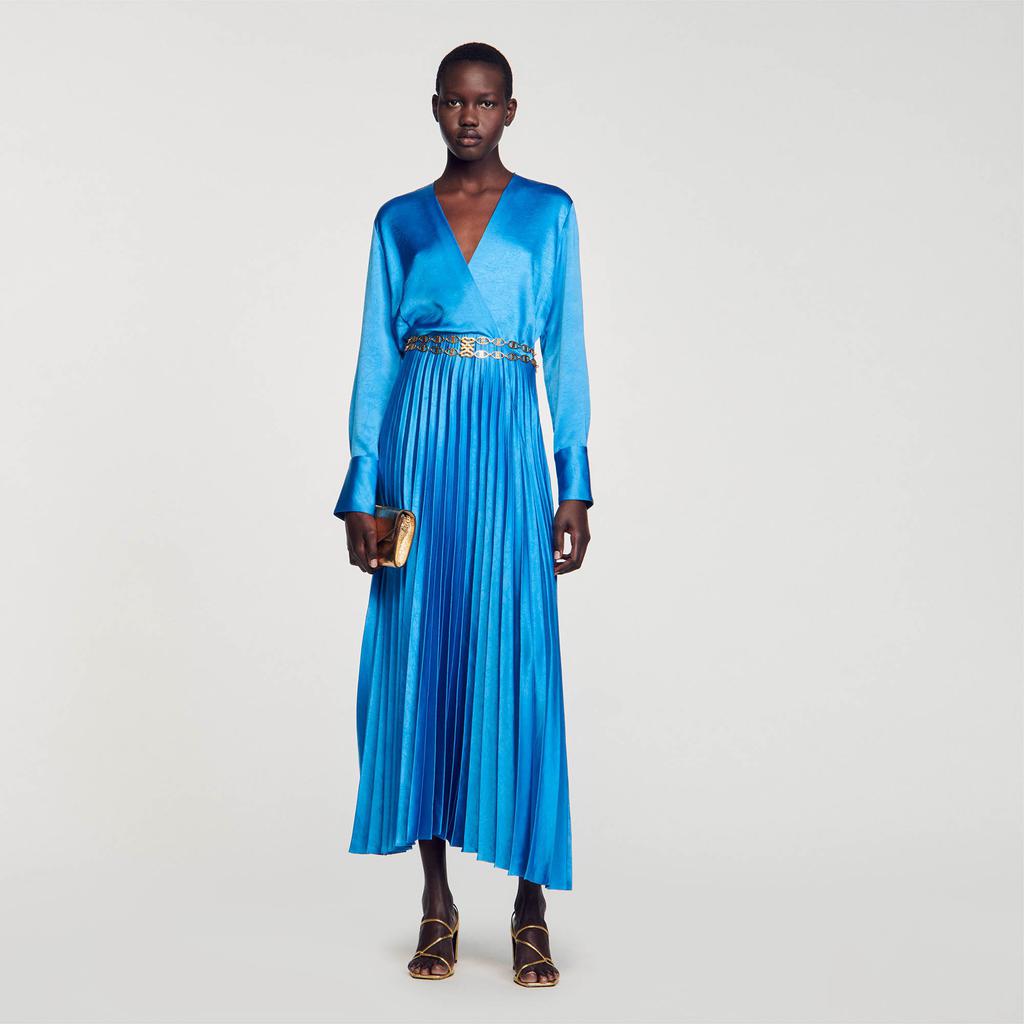 【SANDRO】Pleated Maxi Dress Pleated maxi dress white / beige For Women | Sandro Paris