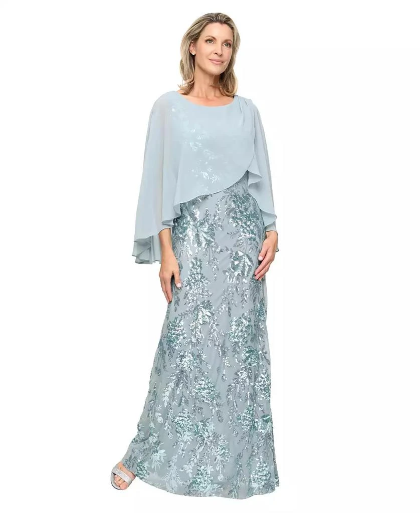 SL Fashions Petite Embroidered Stretch Cape Long Gown