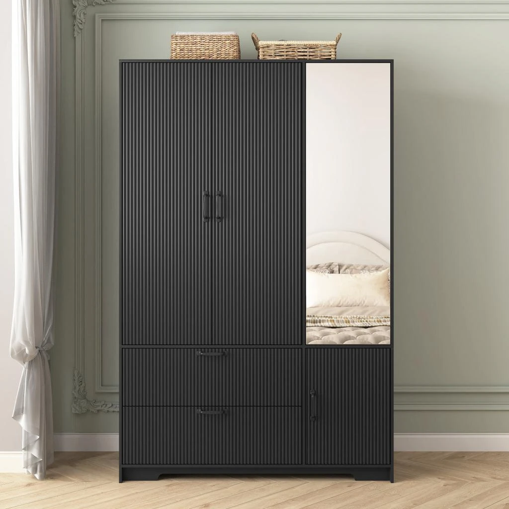 Streamdale Furniture Streamdale 4-Door Wardrobe with Mirror, LED, 2 Drawers, Black