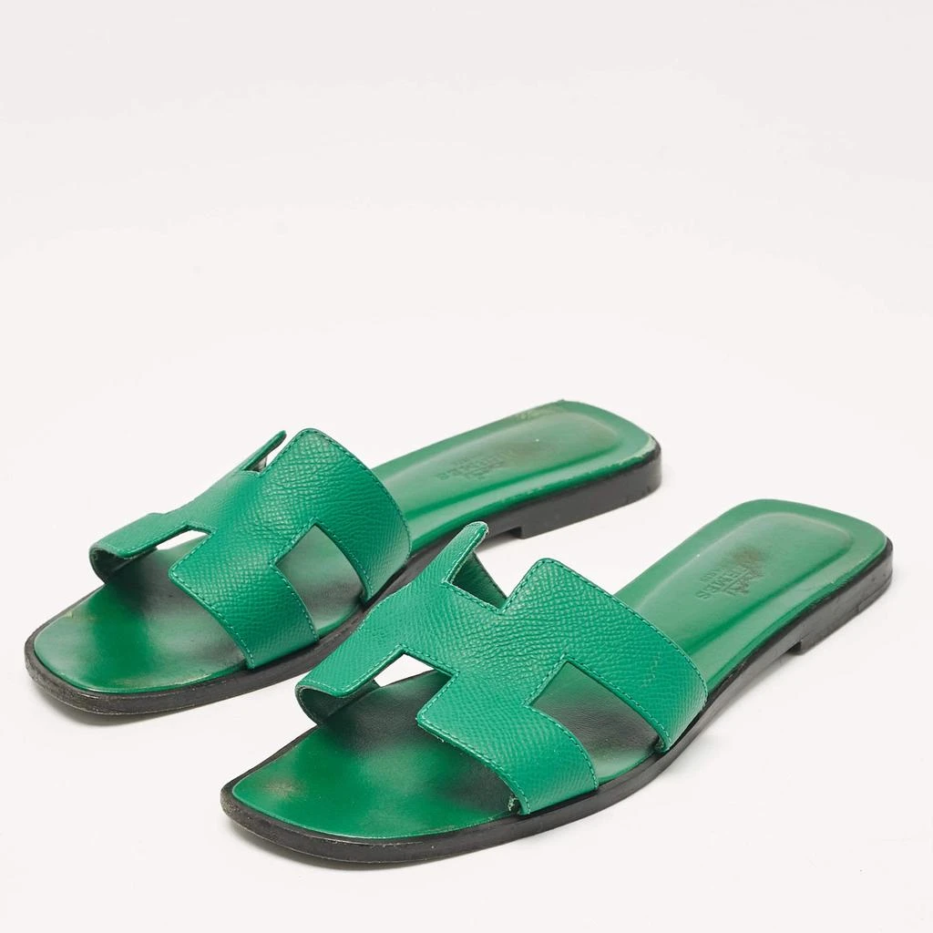 Hermes Hermes Green Leather Oran Slide Sandals Size 37 2