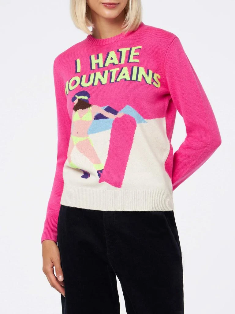 Mc2 Saint Barth Woman Crewneck Fluo Pink Sweater With I Hate Mountains Postcard Print 1