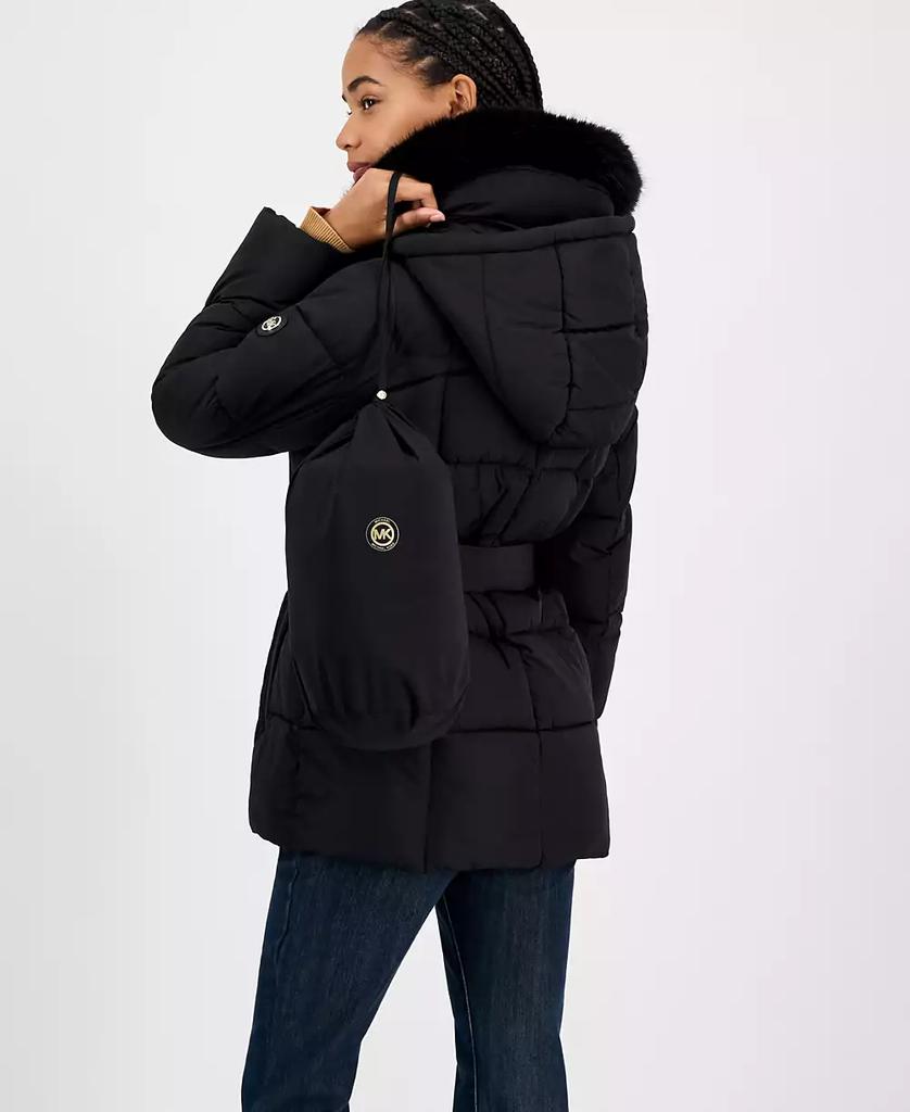 Michael Kors Women's Belted Hooded Faux-Fur-Collar Puffer Coat, Exclusively at Macy's