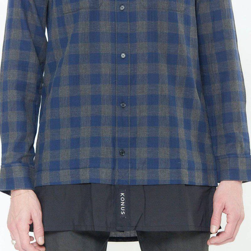 Konus Men's Longline Button Up Shirt In Plaid in Navy 1