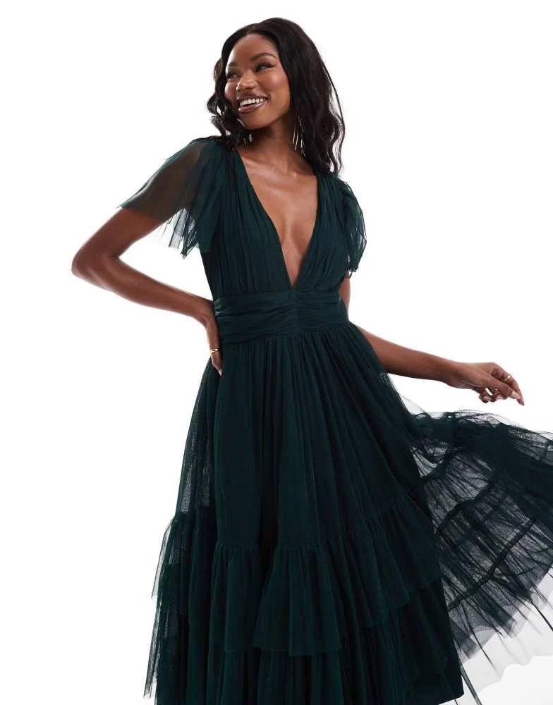 Lace & Beads Lace & Beads Bridesmaid Madison v neck tulle midi dress in dark green 1