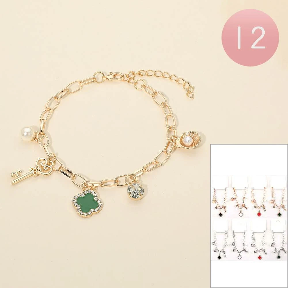 FASHNZFAB 12PCS - Quatrefoil Key Pearl Shell Charm Station Paperclip Chain Bracelets