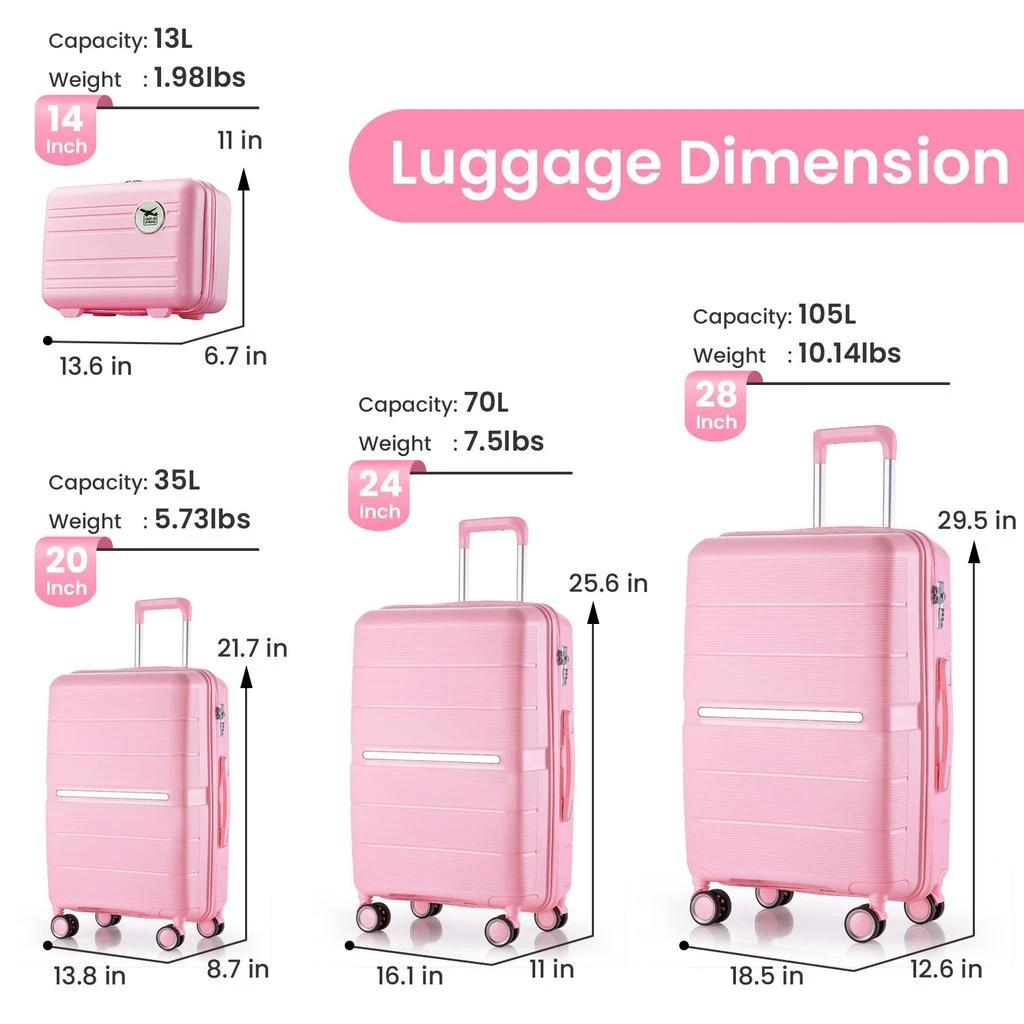 Simplie Fun Simplie Fun Luggage Sets 4 Piece(14/20/24/28) PP Lightweight & Durable Expandable suitcase 5