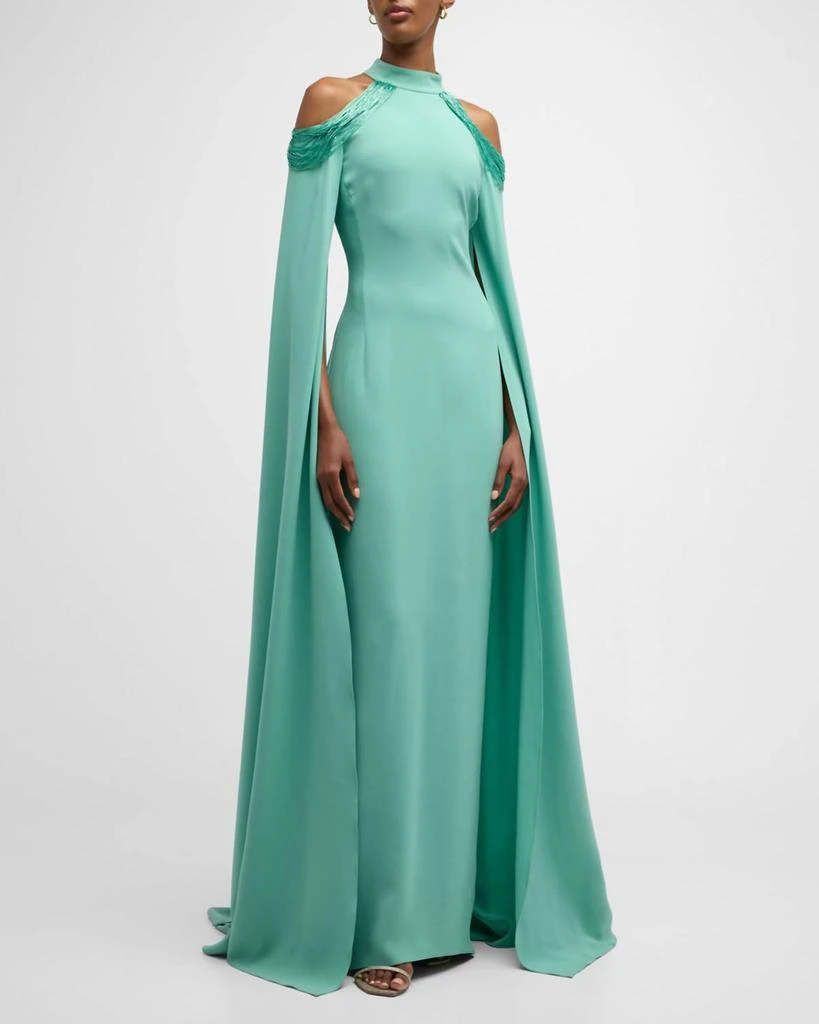 Oscar de la Renta Oscar De La Renta - Cold Shoulder Bugle Beaded Embroidered Caftan Gown 1