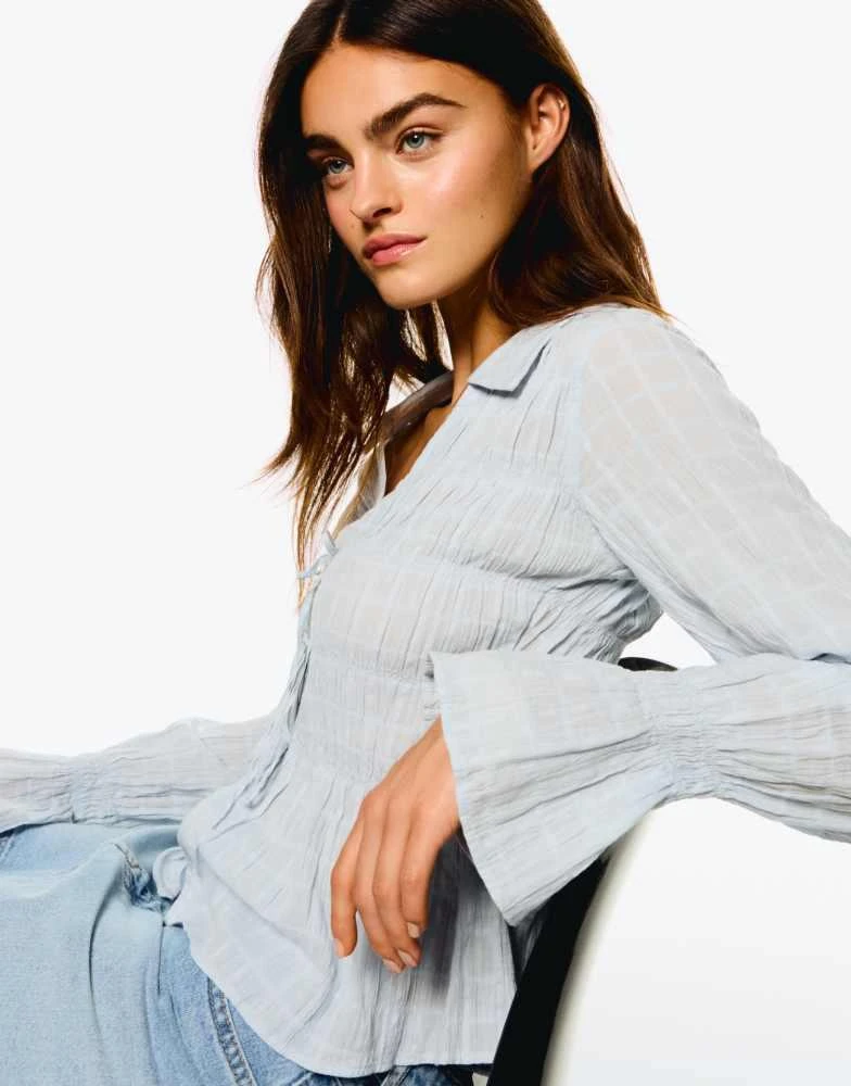 Bershka Bershka rustic gathered shirt in light blue 2
