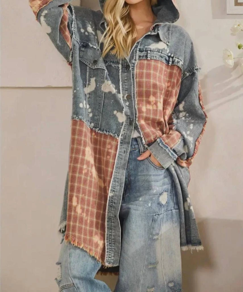 Oli 
Hali Oli 
Hali - Bleached Plaid Long Shacket With Hoodie 2